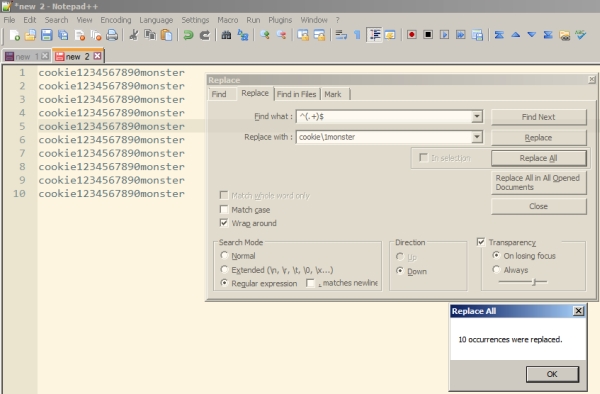 Notepad++ Regex append prepend a line