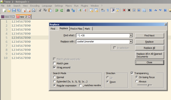 Notepad++ Regex append prepend a line